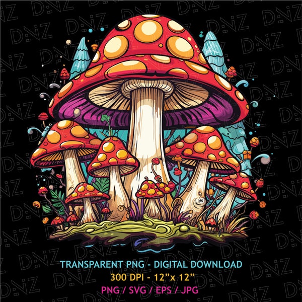 Cute Mushrooms Png, Trippy T-Shirt Print, Colorful Mushroom Svg, Magic Mushroom Clipart Eps, Psychedelic Mushroom Wall Art, Digital Download