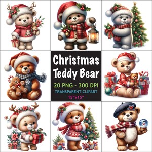 May include: A set of 20 digital clipart images featuring cute teddy bears dressed in festive Christmas attire. The bears are holding various Christmas-themed items, such as presents, candy canes, and ornaments. The images are perfect for adding a touch of holiday cheer to your crafts, cards, and other projects.