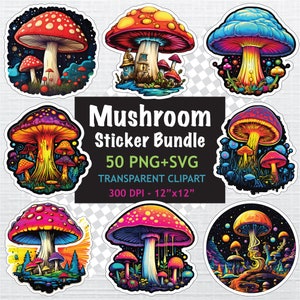 50 PNG and SVG Mushrooms Print Bundle, Magic Mushroom Sticker, Mushroom Clipart, Colorful Mushrooms, Print and Cut, Digital Download