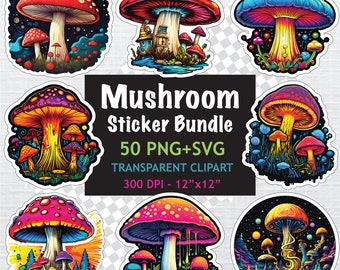 50 PNG and SVG Mushrooms Print Bundle, Magic Mushroom Sticker, Mushroom Clipart, Colorful Mushrooms, Print and Cut, Digital Download
