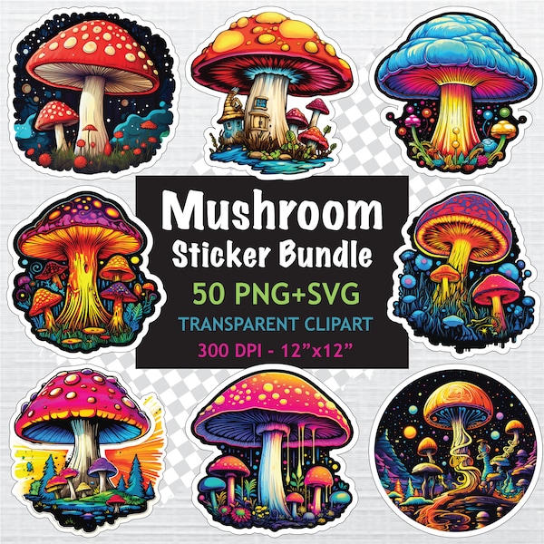 50 PNG and SVG Mushrooms Print Bundle, Magic Mushroom Sticker, Mushroom Clipart, Colorful Mushrooms, Print and Cut, Digital Download