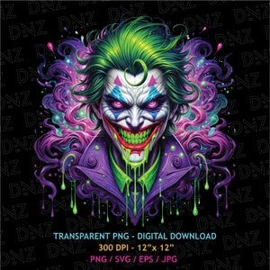 May include: A digital illustration of the Joker, a supervillain from Batman comics. He has green hair, a green and purple suit, and a wide, toothy grin. The background is black with purple and green paint splatters.