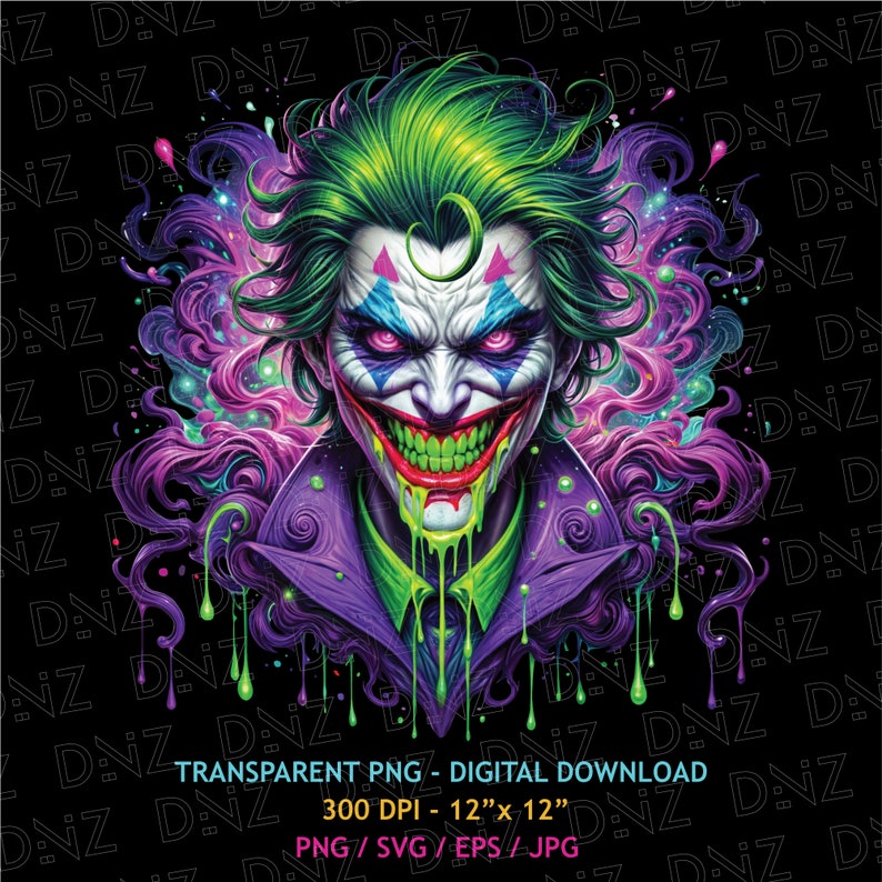 May include: A digital illustration of the Joker, a supervillain from Batman comics. He has green hair, a green and purple suit, and a wide, toothy grin. The background is black with purple and green paint splatters.