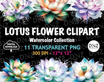 Paquete de 11 imágenes prediseñadas de flores de loto en acuarela, flores de loto PNG-JPG, imágenes prediseñadas florales, arte de loto, imágenes PNG de sublimación, descarga digital, arte botánico