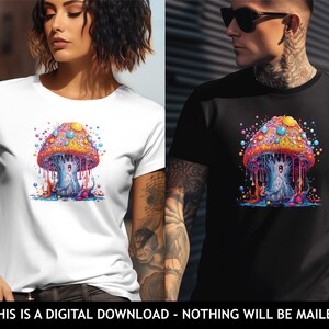 Peut inclure: Un t-shirt blanc et noir avec un motif de champignon psych&eacute;d&eacute;lique color&eacute;. Le champignon est en train de couler d'un liquide color&eacute; et entour&eacute; de bulles.