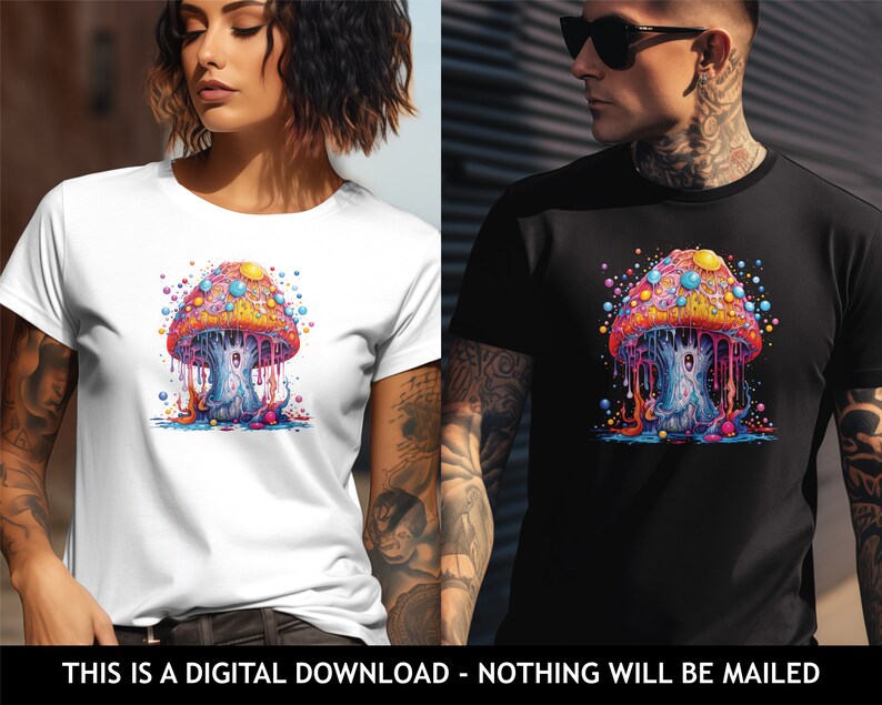 Peut inclure: Un t-shirt blanc et noir avec un motif de champignon psych&eacute;d&eacute;lique color&eacute;. Le champignon est en train de couler d'un liquide color&eacute; et entour&eacute; de bulles.