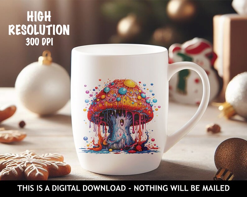 Peut inclure: Une tasse en c&eacute;ramique blanche avec un motif de champignon psych&eacute;d&eacute;lique color&eacute;. Le champignon est recouvert d'un liquide color&eacute; et a un sommet jaune avec des taches bleues et rouges. La tasse a une poign&eacute;e blanche.