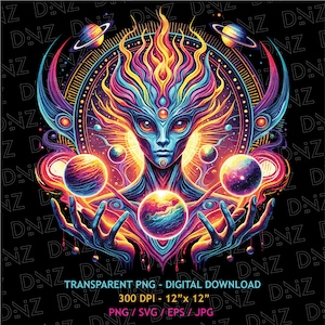 May include: A colorful digital illustration of a cosmic being with three eyes, surrounded by swirling galaxies and planets. The being has a fiery crown and is holding glowing orbs in its hands.