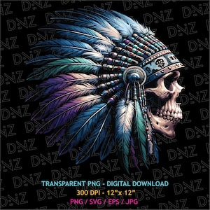 May include: Digital illustration of a skull wearing a Native American headdress. The headdress features blue, teal, purple, and white feathers. The skull is in profile, set against a black background. The image includes the text "TRANSPARENT PNG - DIGITAL DOWNLOAD".
