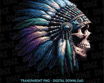 Tribal schedel png, Native Chief Svg, Indiase hoofdtooi ontwerp, heilige veer, schedel T-shirt print, Warrior Spirit clipart, digitale download