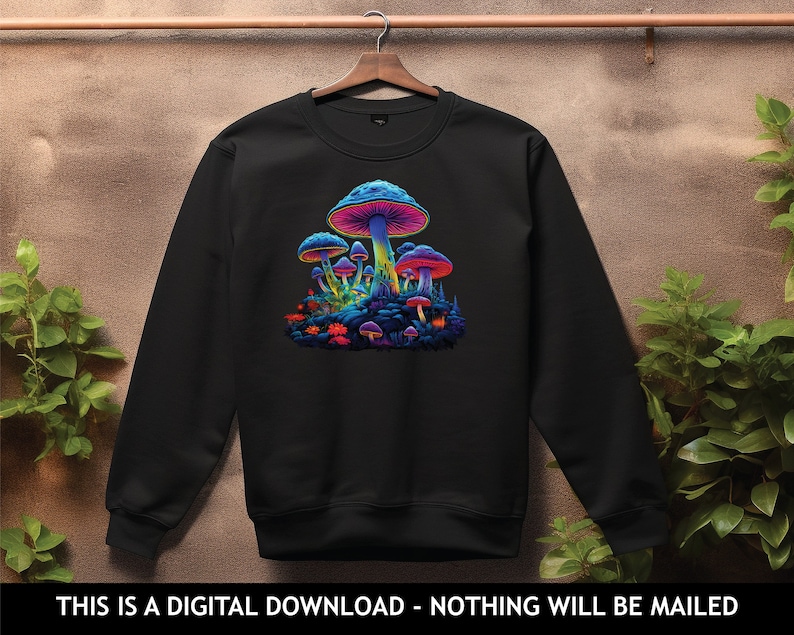 May include: Black sweatshirt with a colorful mushroom graphic. The mushrooms are glowing with shades of blue, purple, green, and pink. The graphic is centered on the sweatshirt.