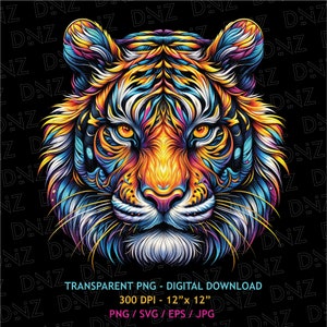 Puede incluir: Ilustración digital vibrante de la cara de un tigre. La obra de arte presenta un espectro de colores, incluyendo naranja, amarillo, azul y rosa, creando un efecto visual impactante. La imagen mide 30.48 cm x 30.48 cm y está disponible como descarga digital PNG transparente.