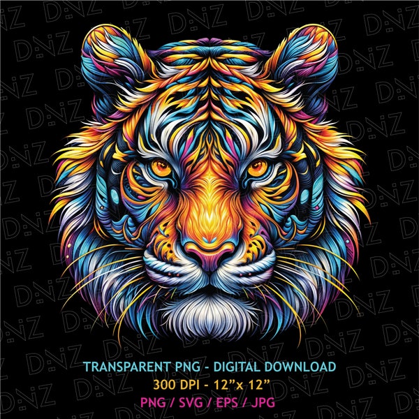 Psychedelic Tiger Png, Tiger Tshirt Design, Neon Colored Tiger Svg, Vibrant Colorful, Psychedelic Wall Art, Digital Download for Sublimation