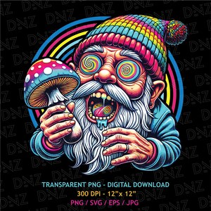 May include: A psychedelic illustration of a gnome holding a mushroom. The gnome has a long white beard, a colorful hat, and swirling eyes. A rainbow arch is behind the gnome. The image includes the text "TRANSPARENT PNG - DIGITAL DOWNLOAD".