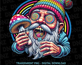 Mushroom Eating Gnome Png, Psychedelic Gnome Svg, Colorful Gnome T-Shirt Design, Magic Mushrooms Png, Psychedelic Art, Png For Sublimation