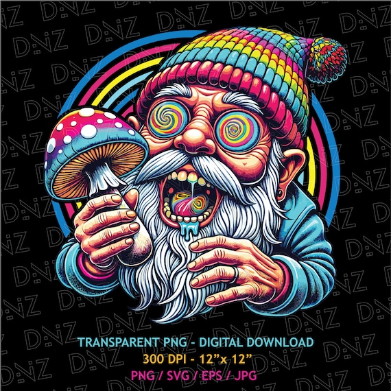 Mushroom Eating Gnome Png, Psychedelic Gnome Svg, Colorful Gnome T-Shirt Design, Magic Mushrooms Png, Psychedelic Art, Png For Sublimation