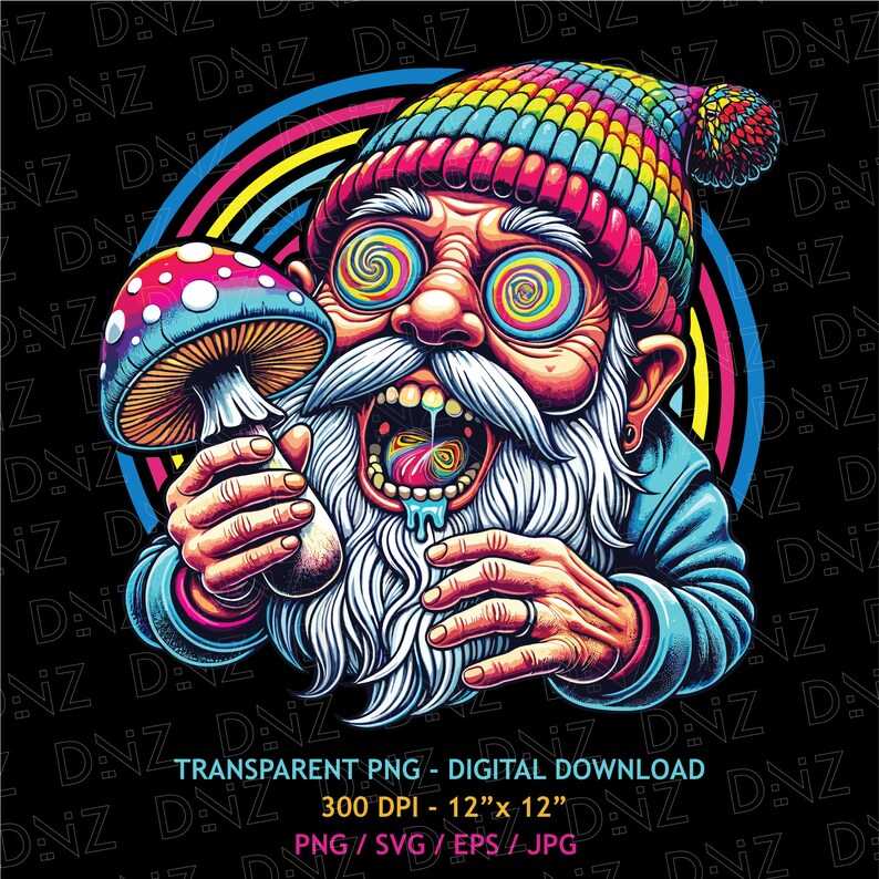 May include: A psychedelic illustration of a gnome holding a mushroom. The gnome has a long white beard, a colorful hat, and swirling eyes. A rainbow arch is behind the gnome. The image includes the text "TRANSPARENT PNG - DIGITAL DOWNLOAD".