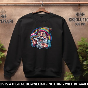 May include: Black crewneck sweatshirt featuring a colorful cartoon illustration of a bearded character holding a mushroom. The design includes a rainbow and the text "THIS IS A DIGITAL DOWNLOAD - NOTHING WILL BE MAILED". The image is labeled "HIGH RESOLUTION 300 DPI".