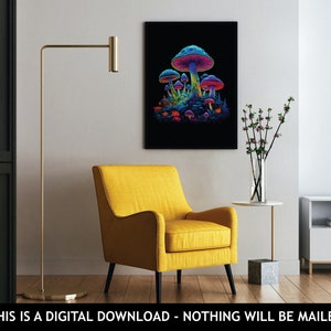 May include: A digital art print of a psychedelic mushroom forest with glowing blue, pink, and purple mushrooms on a black background.