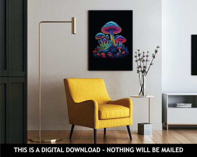 May include: A digital art print of a psychedelic mushroom forest with glowing blue, pink, and purple mushrooms on a black background.