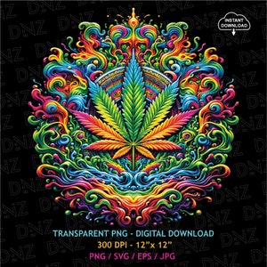 May include: A colorful, psychedelic design featuring a green marijuana leaf surrounded by swirling, abstract shapes in shades of blue, pink, yellow, and orange. The design is set against a black background.