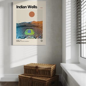 May include: A retro-style poster with the text "Indian Wells /CA" and a photo of a large stadium with a tennis court in the center. The poster also includes the text "Founded: 2000" and "Coordinates: 33.7239&deg; N, 116.1500&deg; W".