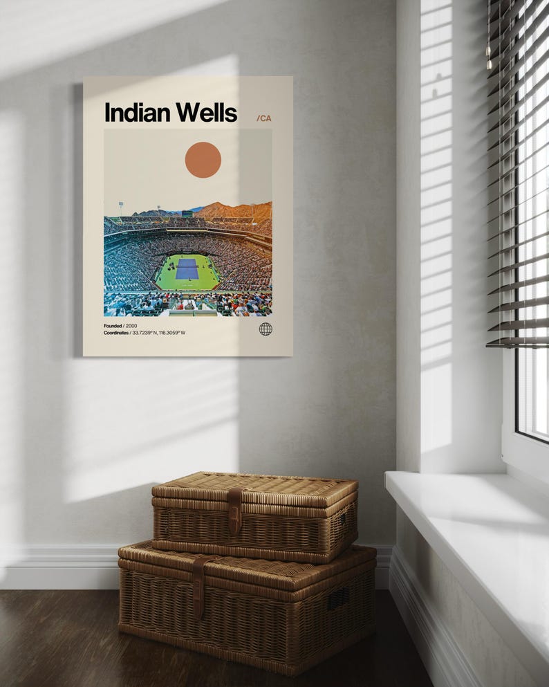 May include: A retro-style poster with the text "Indian Wells /CA" and a photo of a large stadium with a tennis court in the center. The poster also includes the text "Founded: 2000" and "Coordinates: 33.7239&deg; N, 116.1500&deg; W".