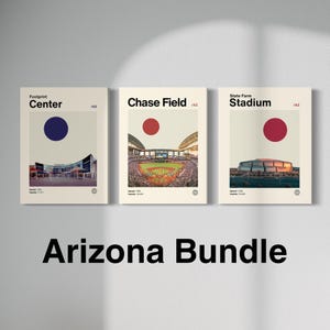 Póster de arte deportivo de Arizona, estadio State Farm, Chase Field, Footprint Center, Cardinals, Suns, Diamond Backs, estilo moderno de mediados de siglo