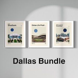 May include: A set of three framed prints featuring minimalist illustrations of Dallas sports stadiums: AT&T Stadium, Globe Life Field, and American Airlines Center. Each print features a blue circle and the stadium's name in black text.