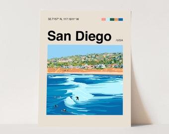 San Diego Poster, Minimalist, Helvetica, Mid-Century Modern, San Diego Travel Print, Surf Poster, Beach Wall Art, Beach House Art