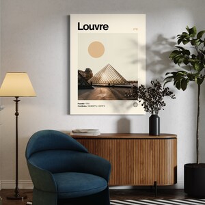 Op de afbeelding: Een minimalistische poster met een foto van het Louvre Museum in Parijs, Frankrijk. De poster toont de iconische glazen piramide en een eenvoudig, modern ontwerp met de tekst "Louvre / FR" en "Gesticht: 1793 Co&ouml;rdinaten: 48.8600&deg;N 2.3379&deg;E".