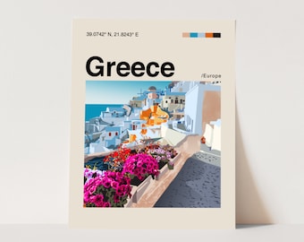 May include: A colorful illustration of a cityscape with white buildings, blue water, and pink flowers. The text "Greece /Europe" is in the upper right corner of the image. The coordinates "39.0742° N, 21.8243° E" are in the upper left corner of the image.
