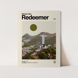 Affiche du Christ rédempteur, minimaliste, Helvetica, moderne milieu de siècle, impression de voyage du Christ rédempteur, Christ rédempteur Brésil, Brésil