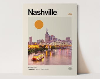 Plakat Nashville, Minimalistyczny, Helvetica, Mid-Century Modern, Nashville Travel Print, Sztuka ścienna Nashville, Sztuka Nashville Tennessee, Sztuka domowa