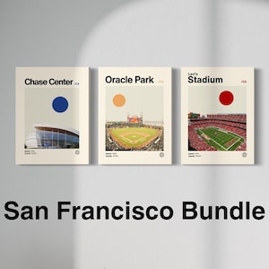 Póster de arte deportivo de San Francisco, Levi's Stadium, Oracle Park, Chase Center, 49ers, Giants, Warriors, estilo moderno de mediados de siglo, minimalista