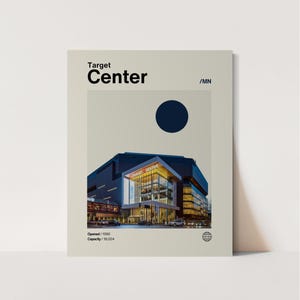 May include: A minimalist poster design featuring a photo of the Target Center in Minneapolis, Minnesota. The poster is beige with a black circle and the text "Target Center /MN" in black. The text "Opened/1990 Capacity/18,024" is also included in black.