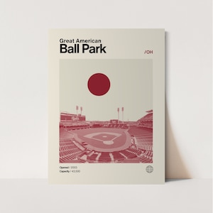 May include: A minimalist poster design featuring a red and white illustration of Great American Ball Park in Cincinnati, Ohio. The poster includes the text "Great American Ball Park" and "/OH". The poster also includes the text "Opened/ 2003" and "Capacity/ 43,500".