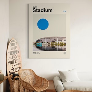 May include: A minimalist poster with a blue circle and a photo of SoFi Stadium in Inglewood, California. The text on the poster reads "SoFi Stadium /CA Opened / 2020 Capacity / 70,240".