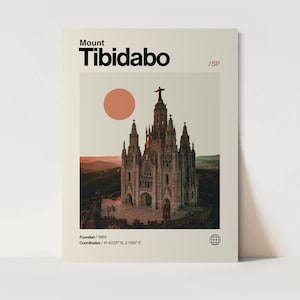 May include: A vintage travel poster featuring a photograph of the Tibidabo Church in Barcelona, Spain. The poster has a beige background with black text that reads "Mount Tibidabo /SP Founded/1889 Coordinates/41.4225° N, 2.1186°E".