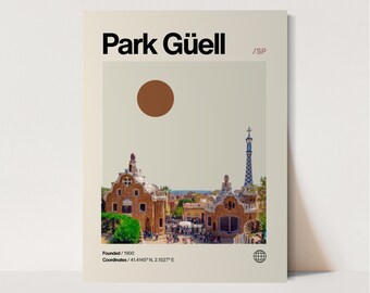 Park Güell Poster, Minimalistisch, Helvetica, Mid-Century Modern, Park Güell Reisedruck, Park Güell Wandkunst, Park Güell Spanien Druck, Spanien