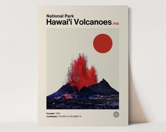 Póster de los volcanes de Hawái, minimalista, Helvética, estilo moderno de mediados de siglo, impresión de viaje sobre los volcanes de Hawái, arte mural sobre los volcanes de Hawái, parque nacional