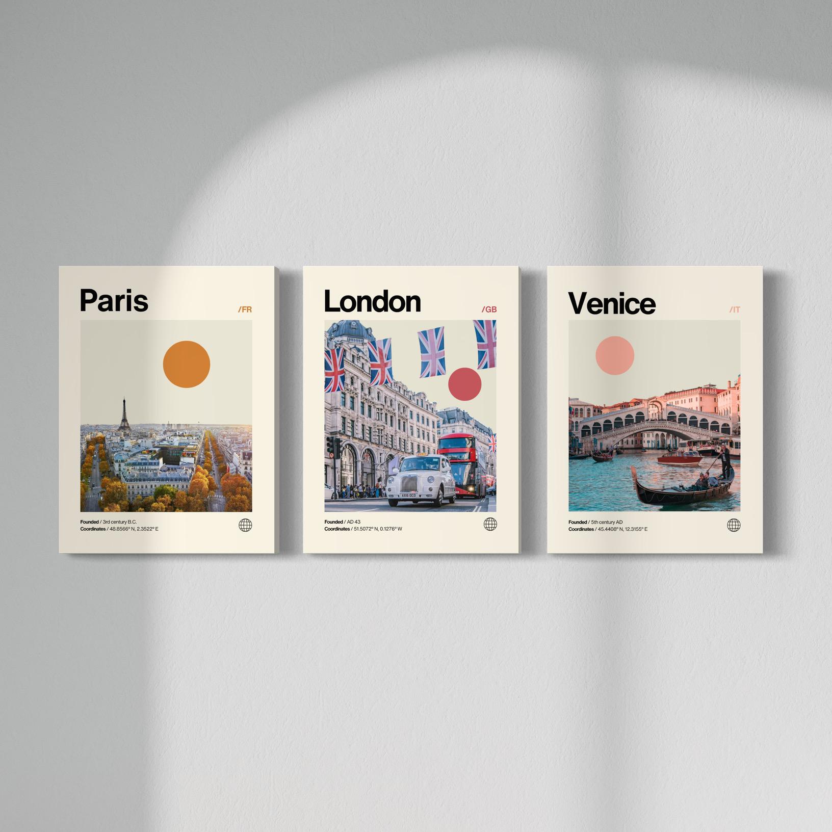 London Paris Venice Art Bundle, Minimalist, Helvetica, Mid-Century Modern, London Paris Venice Posters, London Paris Venice Wall Art