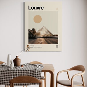 Op de afbeelding: Een minimalistische poster met een beige achtergrond met een foto van het Louvre Museum in Parijs, Frankrijk. De poster bevat de tekst "Louvre" in zwart, de tekst "/FR" in zwart, de tekst "Gesticht/1793" in zwart en de tekst "Co&ouml;rdinaten/48.8606&deg;N, 2.3376&deg;E" in zwart.