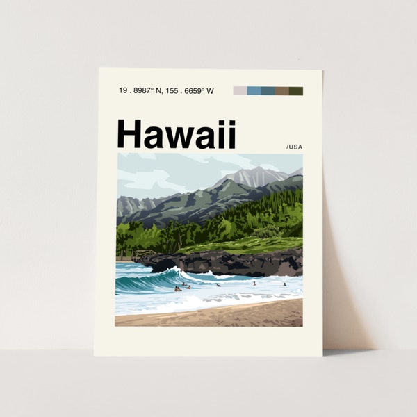 Hawaii Beach Poster, Minimalist, Helvetica, Mid-Century Modern, Hawaii Travel Print, Surf Poster, Beach Wall Art, Beach House Art