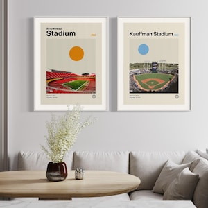 Poster Bundle d'art sportif de Kansas City, affiche des stades Arrowhead et Kauffman, moderne Mid-Century, minimaliste, Helvetica, Kansas