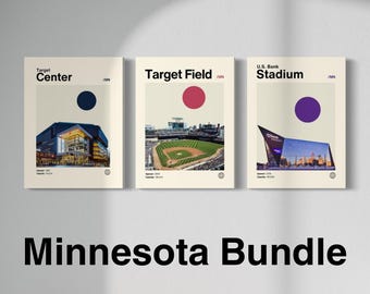 Minnesota Sports Art Bundle Poster, Target Center, Target Field, U.S. Bank Stadium, Timberwolves, Twins, Vikings, Mid-Century Modern