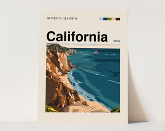 California Beach Poster, Minimalistisch, Helvetica, Mid-Century Modern, Kalifornien Reisedruck, Surf Poster, Strand Wandkunst, Strandhaus Kunst