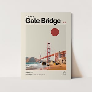 May include: A minimalist poster featuring a red and orange sunset over the Golden Gate Bridge in San Francisco, California. The poster includes the text "Golden Gate Bridge/CA", "Founded/1937", and "Coordinates/37.8199°N 122.4783°W".