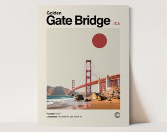 Golden Gate Bridge Poster, Minimalist, Helvetica, Mid-Century Modern, Golden Gate Bridge Travel Print, Golden Gate Bridge Wall Art, San Fran