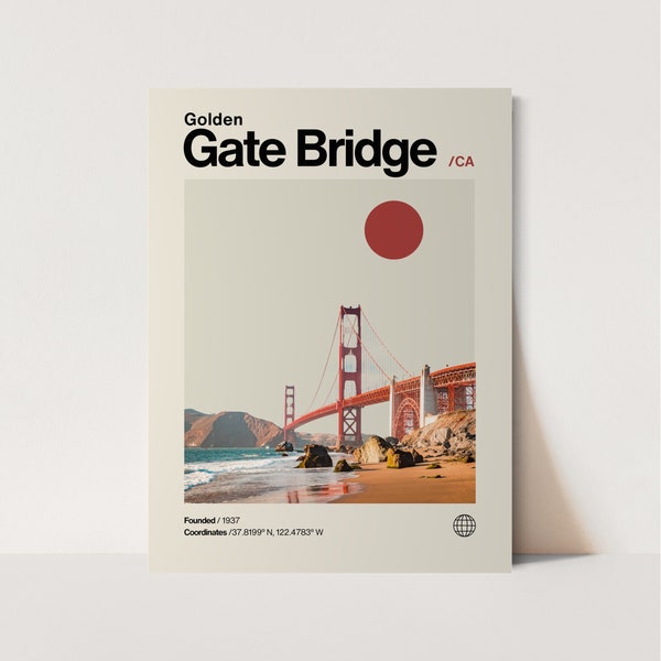 Golden Gate Bridge Poster, Minimalist, Helvetica, Mid-Century Modern, Golden Gate Bridge Travel Print, Golden Gate Bridge Wall Art, San Fran